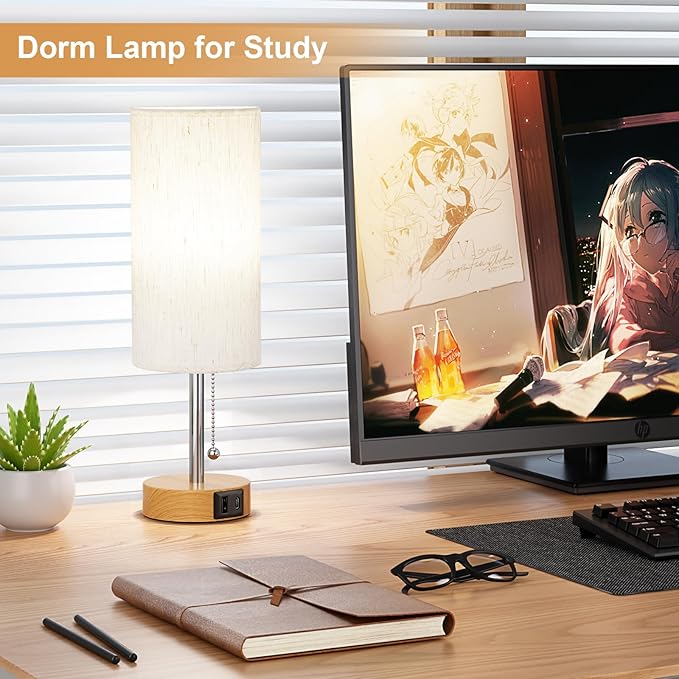 Small Table Lamp for Bedroom Nightstand - Bedside Lamp with USB A + C Charging Port, 3 Color Temperatures Pull Chain Night Stand Light, Wood Base Desk Reading Lamp for Class Room/Nursey