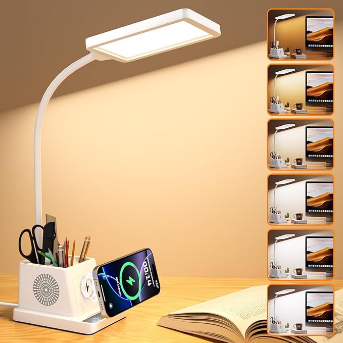 cozoo Desk Lamp, LED Desk Lamps for Home Office with 15W Wireless Charger/Organizer,Desk Lamp for College Dorm Eye-Caring Study Light,Gooseneck Table Lamp with Pen Holders/Storage,12 Lighting Modes