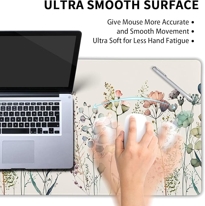 Cute Wild Flowers Mouse Pad XXL Boho Aesthetic Floral Chic Plant Extended Table Mat 90X40 cm Non-Slip Rubber Base Stitched Edge Large Mousepad for Gaming Laptop Computer Desk Top 35.4×15.7 Inch