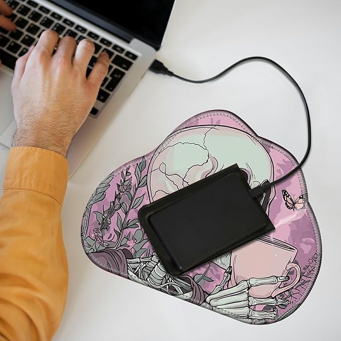 Cute Mouse Pad Plus 1 Coaster, Small Gaming Mouse Mat 11.8 x 9.45 inches, Travel Mouse Pads with Durable Stitched Edges Non-Slip Base, Skull Coffee Pink Decor Mousepad for Office Home