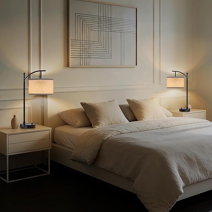 Table Lamp for Living Room Bedroom, 23.5" Table Lamp with USB C+A Ports, Bedside Lamp for Nightstand with Linen Lamp Shade, Dimmable LED Bulb Included