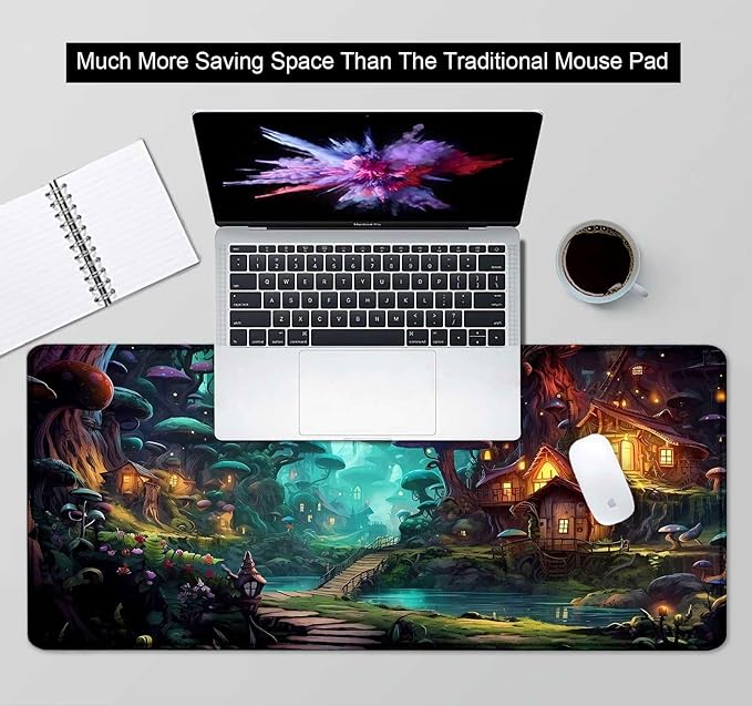 Mushroom Anime Desk Mat, Fairy Forest Large Gaming Mouse Pad for Laptop Computer, Tabletop Magic Play Mats Full Desk Mouse Pads, Fantasy Art XXL Playmat Mousepad