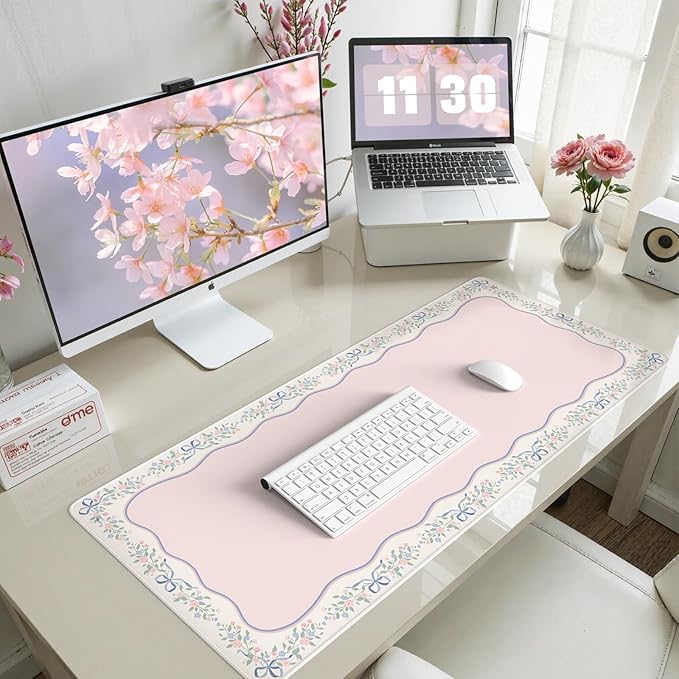 HAOCOO Cute Floral Desk Matt for Desktop, Pink Bow Computer Desk Mat, Non-Slip Waterproof XXL Mouse Pad for Desk, Gaming & Office, Desk Pad Mat for Women Office Aesthetics