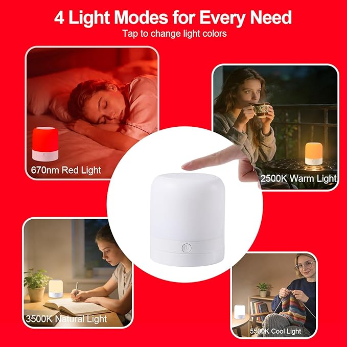 670nm Red Light Night Light Lamp for Sleep - Zero Blue Light, Touch & Remote Control, 4 Color Modes Rechargeable Dimmable Portable Hangable Lamp with Timer for Bedroom Nursery Camping