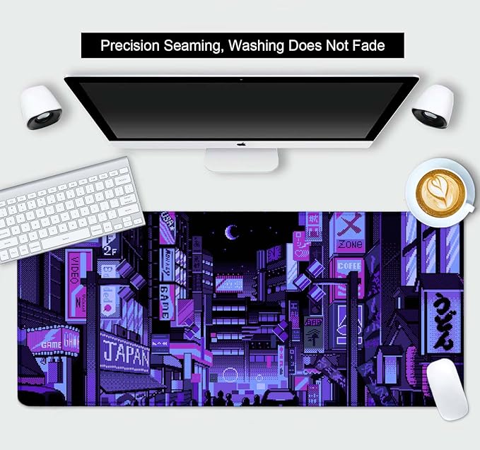 Dark Purple Japanese Anime Desk Mat, Retro Vaporwave Large Gaming Mouse Pad for Laptop Computer, Neon Tokyo Street Pixel Art Full Desk Mouse Pad, XXL Skyline City Mousepad- 35.4 x 15.7 Inch