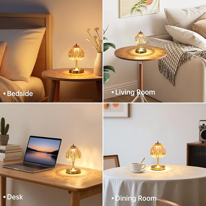 Tulip Small Table Lamp, 5200mAh Cordless Touch Control Mini Table Lamp with 3 Color Temps & Stepless Dimming, Perfect for Small Spaces Like Dressers, Bedsides, Bookshelves (Amber Tulip)