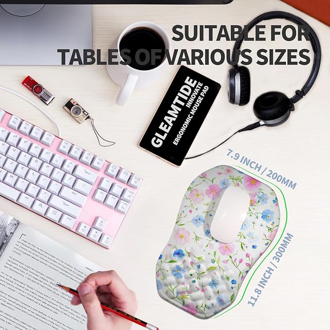 Ergonomic Raised Mouse Pad Wrist Support with Bilateral Slope Memory Foam Mousepad for Wrist Rest and Carpal Tunnel 11.8x7.9〃 Little Flower