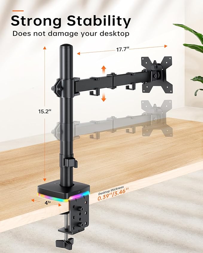 RGB Single Monitor Stand, Monitor Arm with 3 USB Ports, Charging and USB Data Transfer Function, Adjustable Desk Mount for 13"-27" Monitors up to 17.6lbs, VESA 75x75mm 100x100mm, Ergonomic Design