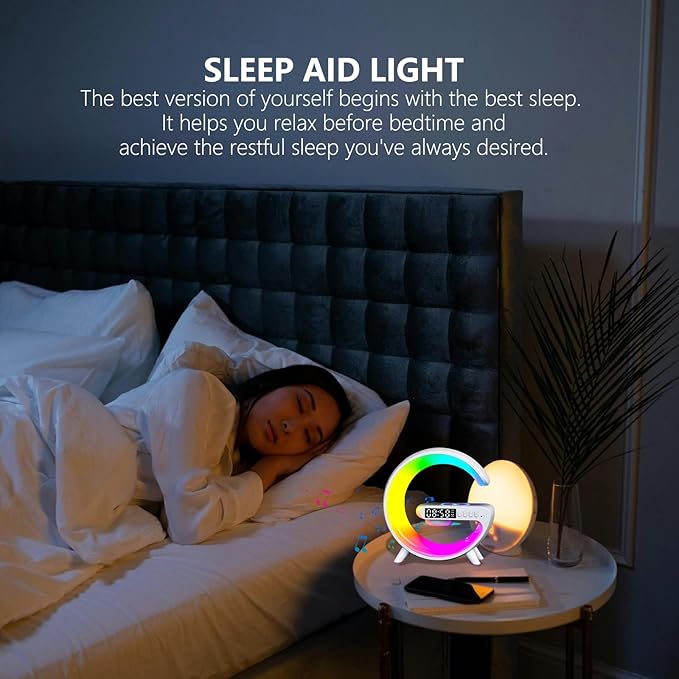 Wireless Speaker Charger Light,LED Bedside Lamp 4-in-1 Alarm Clock,Mood Night Light,Speaker & Wireless Charger,Smart Light Sound Machine,Atmosphere Table Lamp for Bedroom,Birthday Gifts