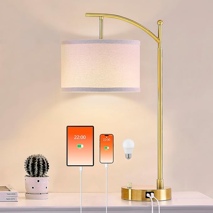 Table Lamp for Living Room Bedroom, 23.5" Table Lamp with USB C+A Ports, Bedside Lamp for Nightstand with Linen Lamp Shade, Dimmable LED Bulb Included, Gold