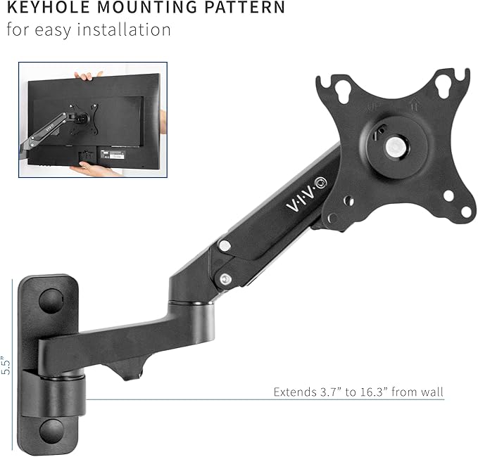 VIVO Premium Aluminum Single LCD Monitor Wall Mount for Screens up to 32 inches, Pneumatic Adjustable Arm fits up to VESA 100x100, MOUNT-G100B