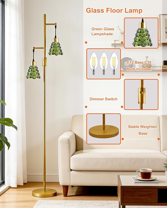 2-Light Glass Floor Lamp, Gold Tall Standing Lamps Dimmable with Green Glass Lampshade, 3000K Warmwhite Mid Century Modern Floor Lamp for Living Room/Bedroom/Sofa Beside/Home Decor