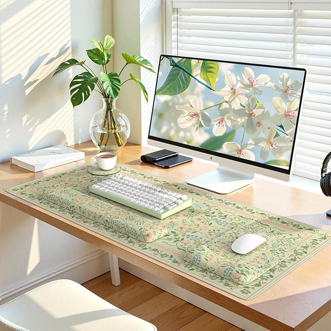 iLeadon Mouse Pad with Wrist Rest, Non-Slip Desk Mat for Keyboard and Mouse, Mouse Pad Sets for Women Desk, Wrist Pads for Keyboard, Floral Mat for Home Office (Light Green)