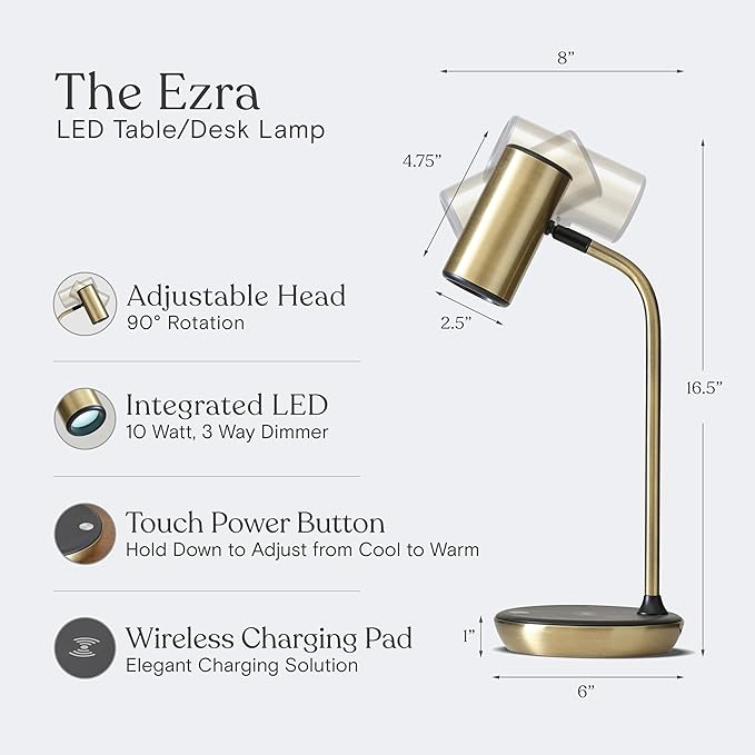 Brightech Ezra Office Desk Lamp – Wireless Charging Pad and Color Temperature Changing Light Options – Living Room or Den Table Light for Art Deco, Mid-Century, Contemporary Décor - Brass