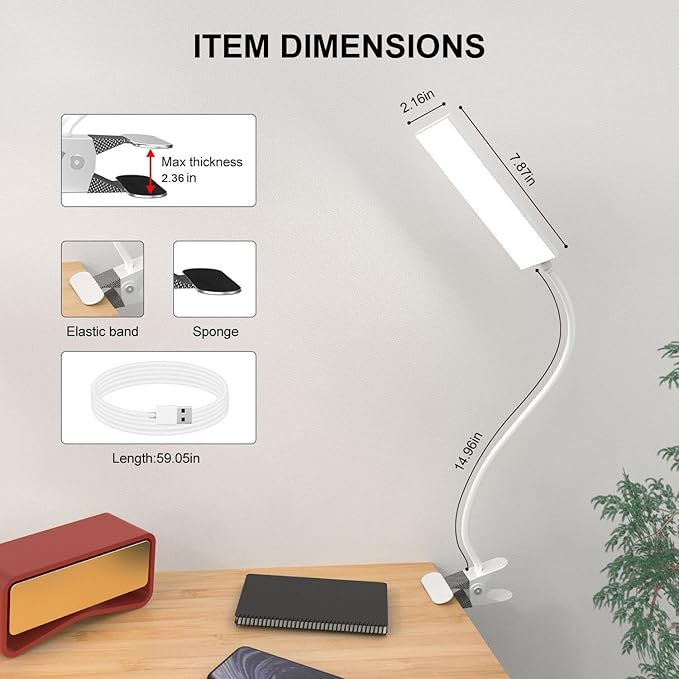 Vansuny Clip on Light LED Desk Lamp with Eye-Caring LED Metal Clip, 11 Level Brightness 3 Color Modes, Power by USB Port 5W Adjustable Neck Reading Light for Home and Office (5W, White)