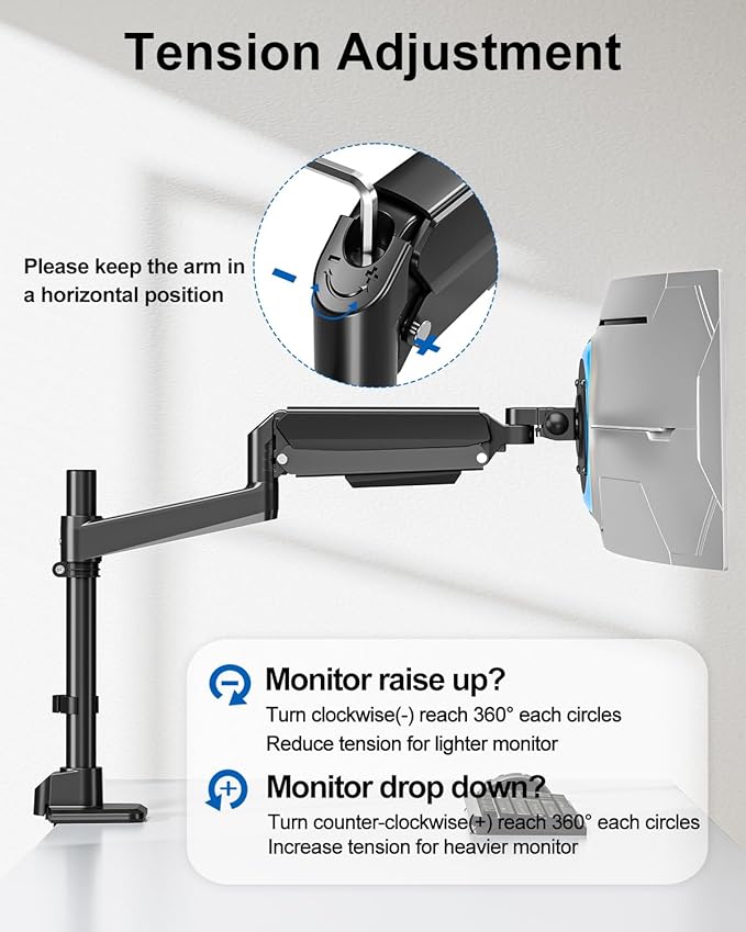 Heavy Duty Single Monitor Mount for Max 49 inch, Hold 4.4 to 44 lbs Ultrawide Screens, Premium Monitor Arm for Samsung Odyssey G9 and More, Adjustable Gas Spring Desk Stand, VESA Mount