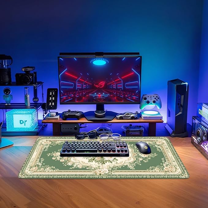Blue Retro Spring Extended Gaming Mouse Pad 31.5x11.8inches Large Desk Mat Anti-Slip Rubber Base & Durable Stitched Edges for Gamers Smooth Mouse Writing Surface for Desk Office/Home