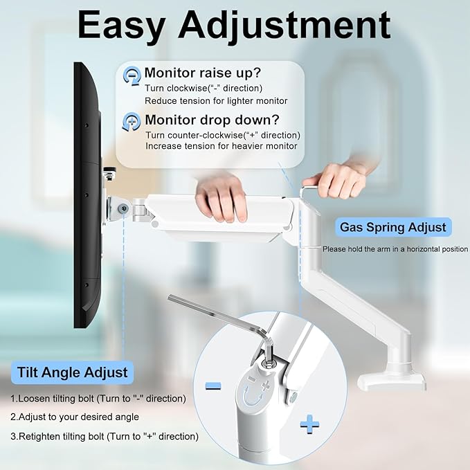 Dual Monitor Mount Fits 13 to 32 Inch Computer Screen, Dual Monitor Arm Hold 4.4-19.8lbs Each, Full Motion Monitor Desk Mounts for 2 Monitors, Gas Spring Monitor Stand, VESA Mount, White