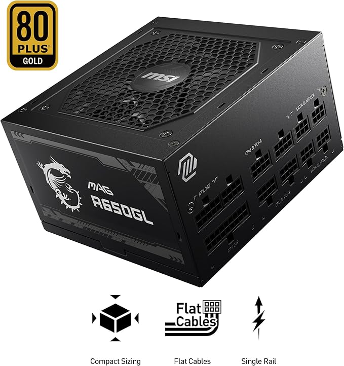 MSI MAG A650GL, Fully Modular Compact Gaming 650W Power Supply, 80+ Gold, ATX PSU, 10 Year Warranty