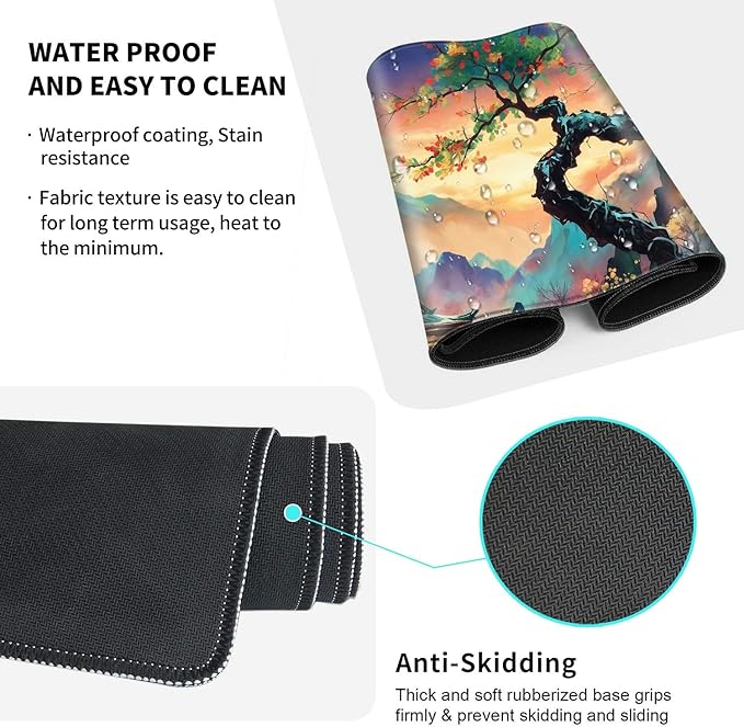 4PC Japanese Large Gaming Mouse Pad + Memory Foam Ergonomic Keyboard Wrist Rest Support + Wrist Rest + Coaster, Extended Desk Pad Set, Stitched Edge Non Slip Desk Mat for Office & Home, Japanese