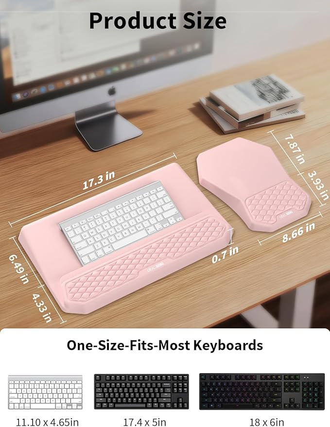 3-in-1 Ergonomic Keyboard Stand with Wrist Rest & Mouse Pad Set, Comfy Keyboard Riser Holder Soft Mousepad with Massage Design, Memory Foam and Non-Slip PU Base for Wrist Support, Pink