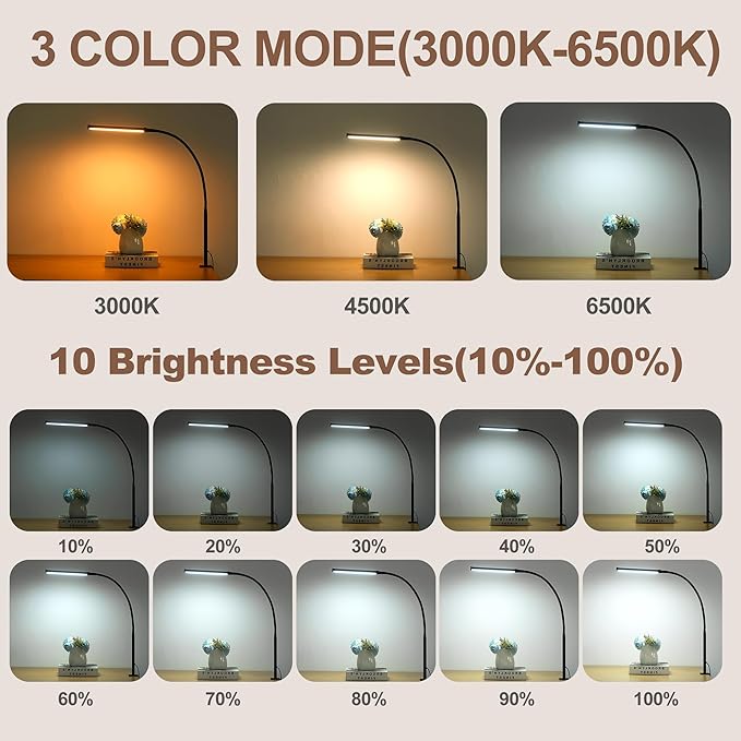 Led Desk Lamp for Home Office, Eye-Caring Desk Light with Clamp, Clip on Light for Reading, 3 Modes 10 Brightness, Flexible Goose-Neck, Memory Function, Study, Work, Draw, Black