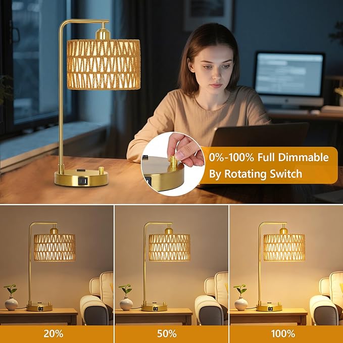 Boho Table Lamps With USB Charging Ports And Outlet, Dimmable Rattan Lamp Set Of 2 With Bulbs, Wicker Bedside Lamps For Bedroom Living Room Side Table, Gold Tall Desk Lamp For Bohemian Home Office