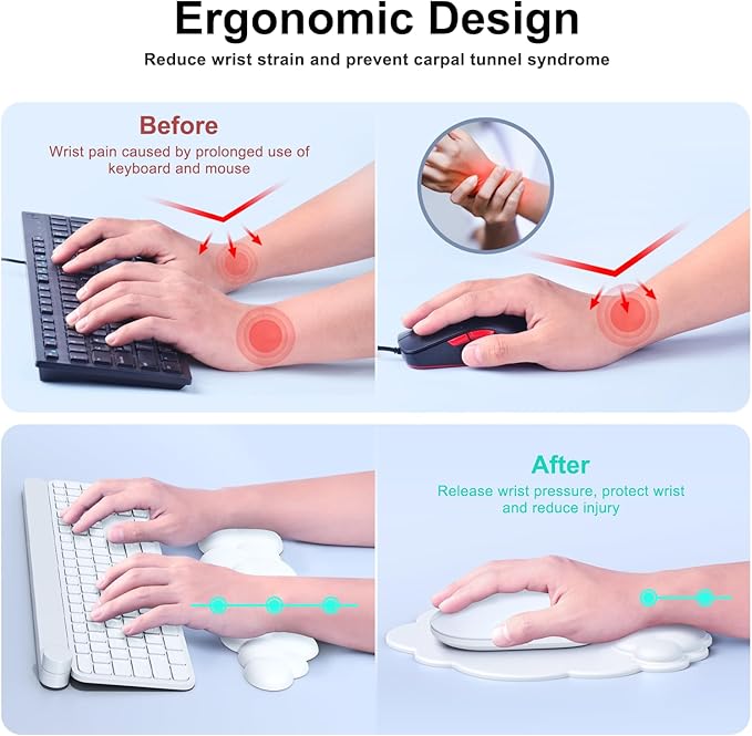 Cloud Mouse Pad with Wrist Rest, Cloud Keyboard Wrist Rest, Mouse Pad Wrist Support, Ergonomic Keyboard Mouse Wrist Support White