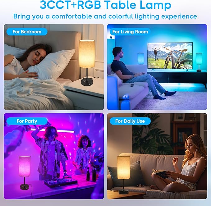 Unicozin 17Inch Table Lamp, 3 CCT 3000K/4500K/6500K & RGB Color Changing, Stepless Dimmable Bedside Lamp for Reading, Ambience Nightstand Light for Home Decor Party, Beige Shade