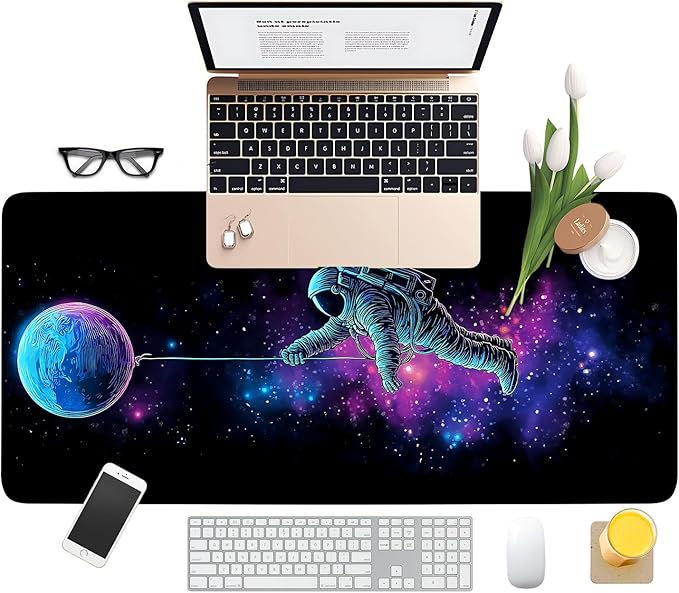 Interstellar Astronaut Extended Gaming Mouse Pad 35.4x15.7Inch Large Desk Mat Anti-Slip Rubber Base & Durable Stitched Edges for Gamers Smooth Mouse Writing Surface for Desk Office/Home