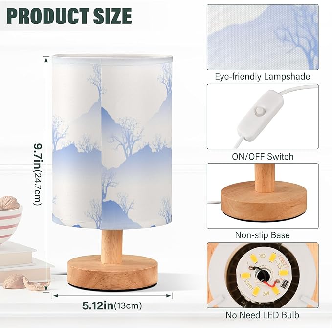 Blue Mountain LED Table Lamp, Bedside Lamp with Linen Lampshade, Flicker-Free Eye Care USB Plug in Nightstand Lamp, for Bedroom and Office
