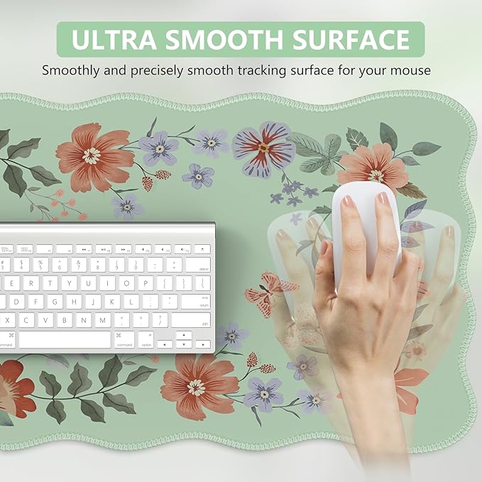 iCasso Large Mouse Pad, Scalloped Desk Matt for Desktop, Anti-Slip Big Mousepad with Stitched Edges, Floral Desk Mat for Keyboard and Mouse for Computer(Light Green)