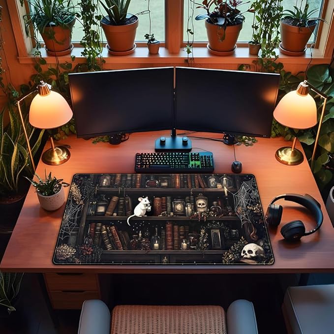 Dark Witchy Desk Mat Gaming Desk Pad Large Mouse Pad, Magician'S Fantasy Bookcase Gothic Mouse Mat XXL Laptop Keyboard Pad, Laptop Keyboard and Mouse Mat Desktop Protector Mat 31.5 X 15.7 in