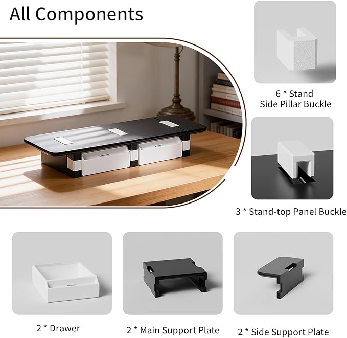 Computer Monitor Stand, Desk Organizer and Accessories with 2 Drawers, Multi-purpose Monitor Riser / Laptop Stand, Sturdy Desktop Storage Organizer for Office Supplies, Black