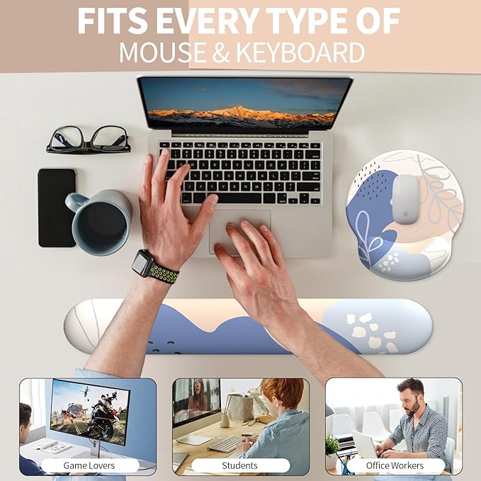 eulps Mouse Pad Wrist Support, Ergonomic Memory Foam Keyboard Wrist Pad & Gel Wrist Rest Set for Computer Keyboard for Easy Typing for Office & Home (Leafy Lushness Set)