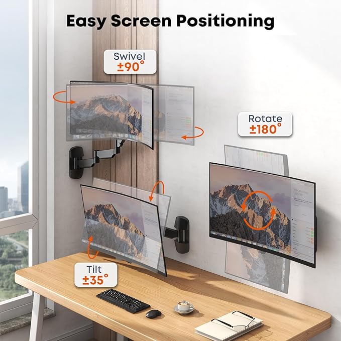 Monitor Wall Mount for 13''-32''-inch Screens - 30.28'' Extra Long Single Wall Mount Monitor Arm, Full Motion VESA Wall Bracket,75/100mm, Hold up to 19.8lbs, Black