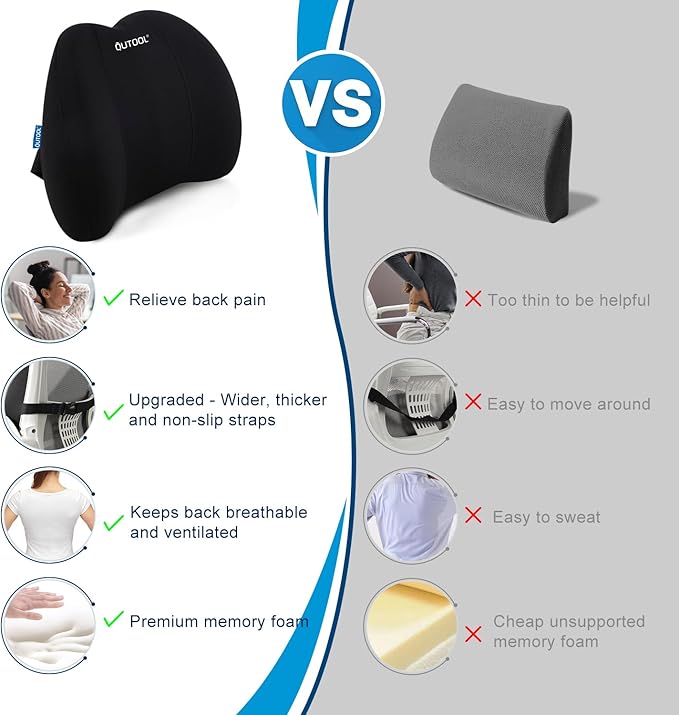 QUTOOL Lumbar Support Pillow for Office Chair, Memory Foam Low Back Cushion, Ergonomic Back Support for Desk Chair, Gaming Chair, Adjustable Strap and Washable Cover