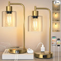 QiMH Set of 2 Industrial Touch Control Table Lamps with 2 USB Ports and 2 AC Outlets, 3-Way Dimmable Bedside Nightstand Reading Lamps with 2700K LED Bulbs, Glass Desk Lamp for Living Room,Bedroom