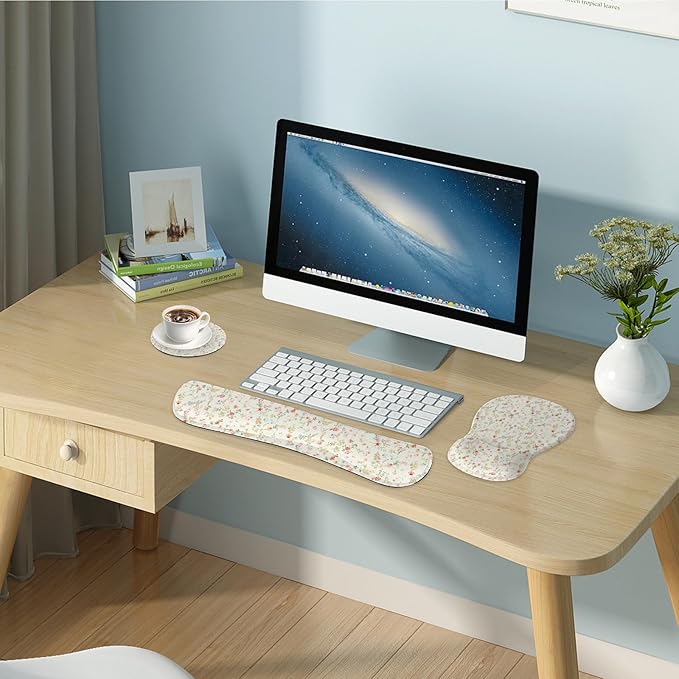 Wrist Rest Support for Mouse Pad Keyboard Set Circle Coaster Gaming Mouse Pad Ergonomic Gel Memory Foam Set for Computer, Laptop, Office, Comfortably Typing Flowers KM-39