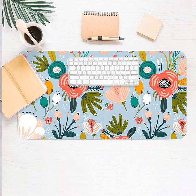 Desk Mat Large Protector Pad 31.5" ×15.7", Non-Slip PU Leather Desk Blotter, Waterproof Mouse Pad for Office Home Blue Floral