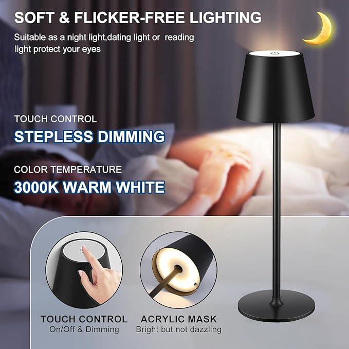 Pack of 2 Dimmable LED Battery Table Lamps, Touch Wireless Table Lamp with USB-C, Metal LED Rechargeable Battery Table Lamp for Outdoor and Indoor, Aluminium, IP44 Waterproof, 5600 mAh, 5 W, Black