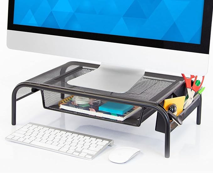 Mount-It! Metal Mesh Monitor Stand with Drawer, Ergonomic Desk Organizer and Riser for Monitors and Laptops, Desktop Stand with Extra Storage and Side Pocket, Black