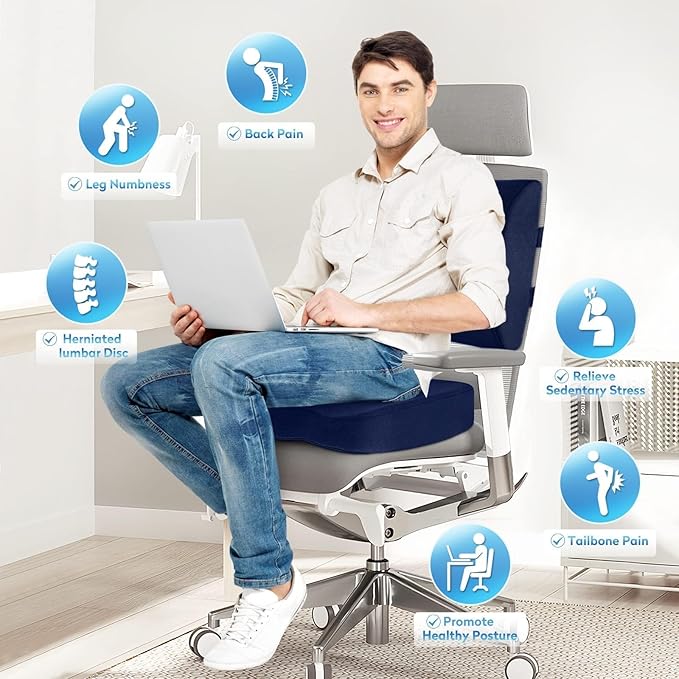 CloudBliss Seat Cushion, Office Chair Cushions, Car Seat Cushion, Lumbar Support Pillow for Office Chair, Back Support Memory Foam Pillow Coccyx Cushion for Ergonomic Sitting Support - Blue