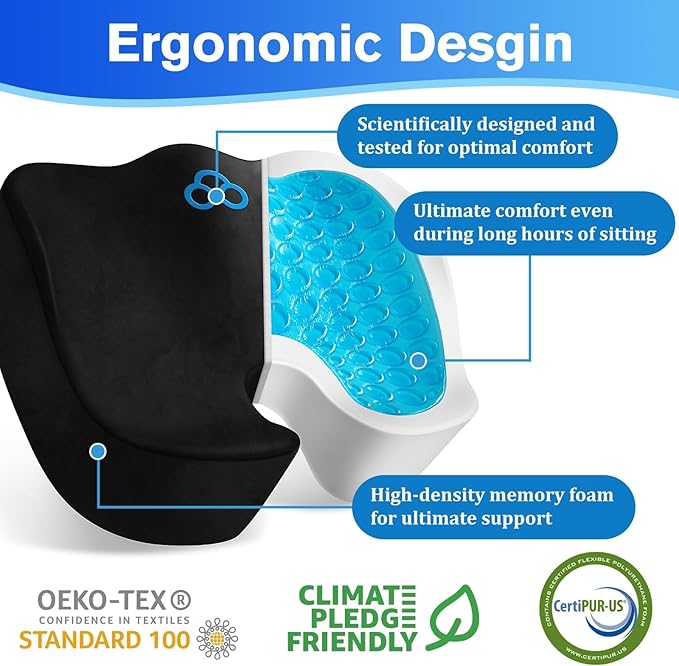 Seat Cushion, Gel Chair Cushions, Office Chair Cushions, Anti-Slip Bottom & Removable Cover Tailbone Pain Relief Cushion, Memory Foam Seat Cushion for Office, Wheelchair, Car (Black)