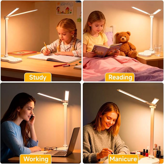 LED Desk Lamp with USB Charging Port, 5 Color Modes 10 Brightness, Dual Swing Arm Dimmable Desk Lamps for Home Office Nail Dorm (White)
