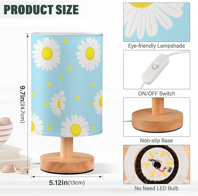 Blue Daisy LED Table Lamp, Bedside Lamp with Linen Lampshade, Flicker-Free Eye Care USB Plug in Nightstand Lamp, for Bedroom and Office
