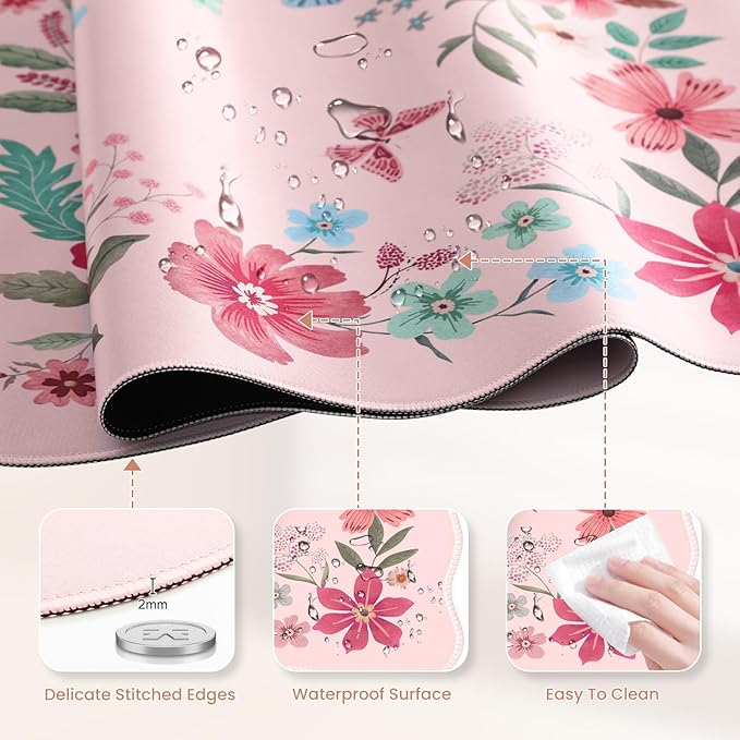 HAOCOO Desk Pad Mat, Pink Scalloped Desk Pad, Computer Desk Mat, Non-Slip Desk Pad for Keyboard and Mouse, Large Desk Mouse Pad with Egde Stitched, Waterproof Floral Keyboard Mat for Office (Hot Pink)