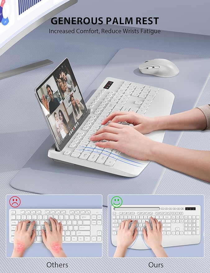 Wireless Keyboard and Mouse Combo - Full-Sized Ergonomic Keyboard with Wrist Rest, Phone Holder, Sleep Mode, Silent 2.4GHz Cordless Keyboard Mouse Set for PC, Laptop - Trueque (Pure White, 1 Pack)