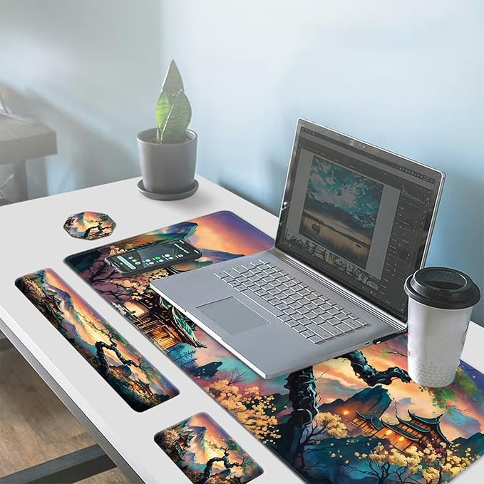 4PC Japanese Large Gaming Mouse Pad + Memory Foam Ergonomic Keyboard Wrist Rest Support + Wrist Rest + Coaster, Extended Desk Pad Set, Stitched Edge Non Slip Desk Mat for Office & Home, Japanese