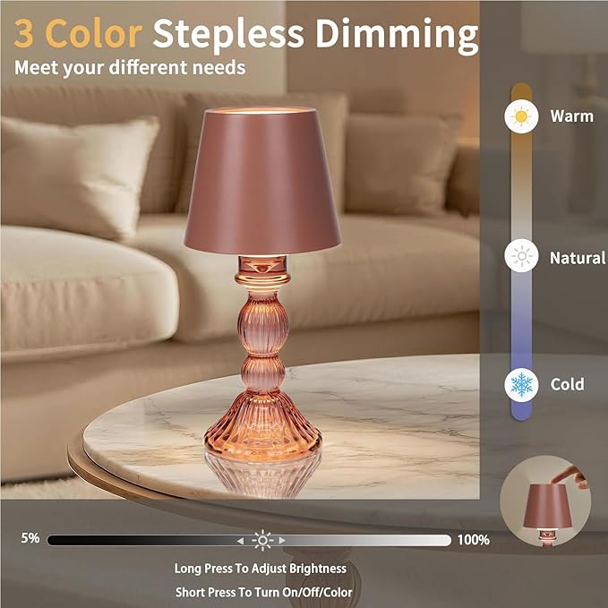 MJ PREMIER Cordless Table Lamp, Small Rechargeable Lamp with Touch Control, 9.5" H, 3 Color Stepless Dimming Battery Operated Lamps for Bedroom/Living Room/Bathroom/Kitchen/Corner/Entryway (Pink)